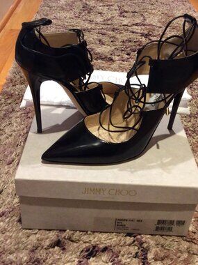 Jimmy Choo Hoops Lace Up Black Leather Strappy Heels Pumps Shoes